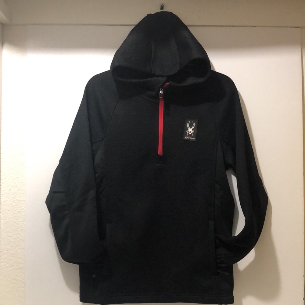 Spyder Hoodie Men Small Solid Waffle Plain Panel Jersey Pullover Sweater Black